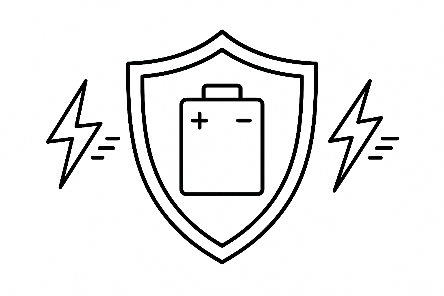 Black line graphic depicting a battery being protected from overvoltage