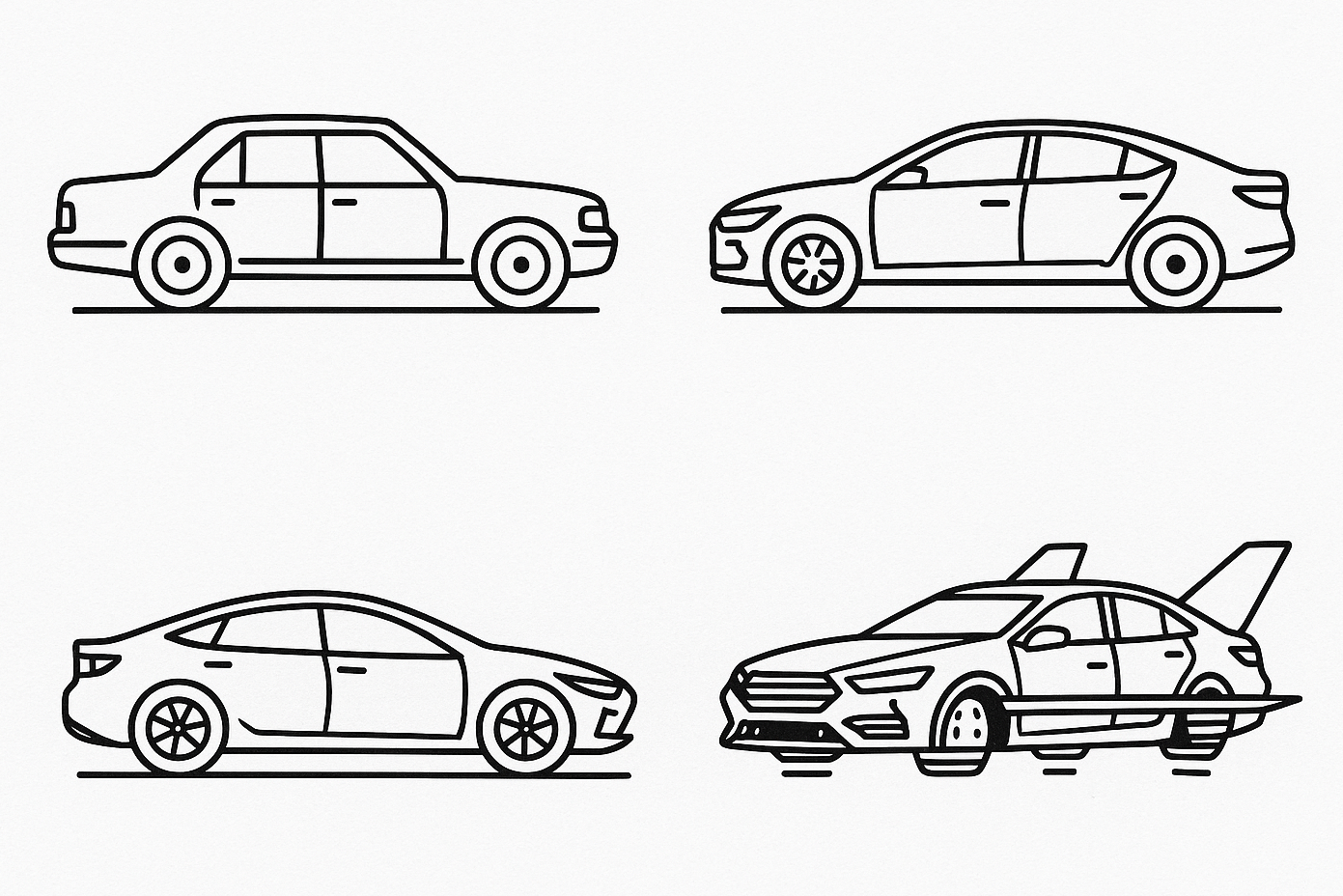 Black line graphic depicting sedans through the years