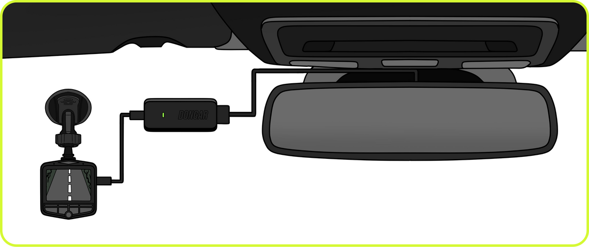 Dongar adapter installed behind rearview mirror with dash cam