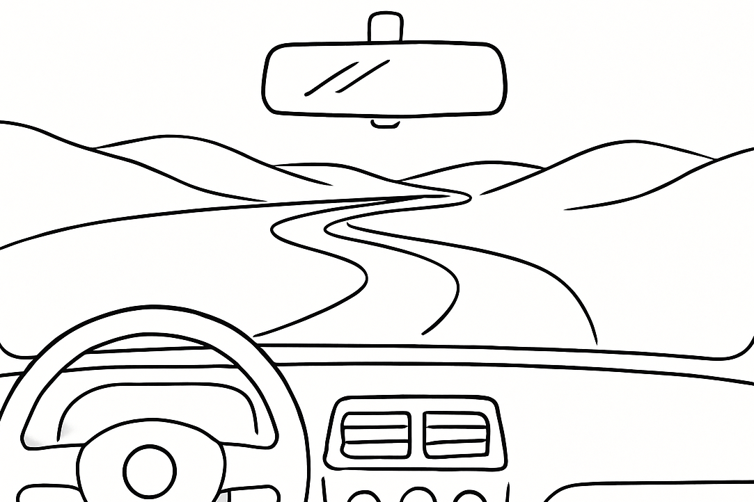Black line graphic depicting the inside of a car windshield and the road ahead, with the rearview mirror and steering wheel in view
