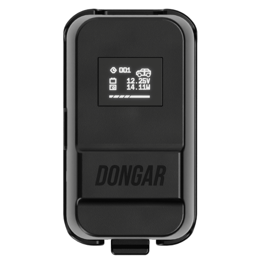 Dongar PRO+ adapter showing voltage and wattage on its OLED display